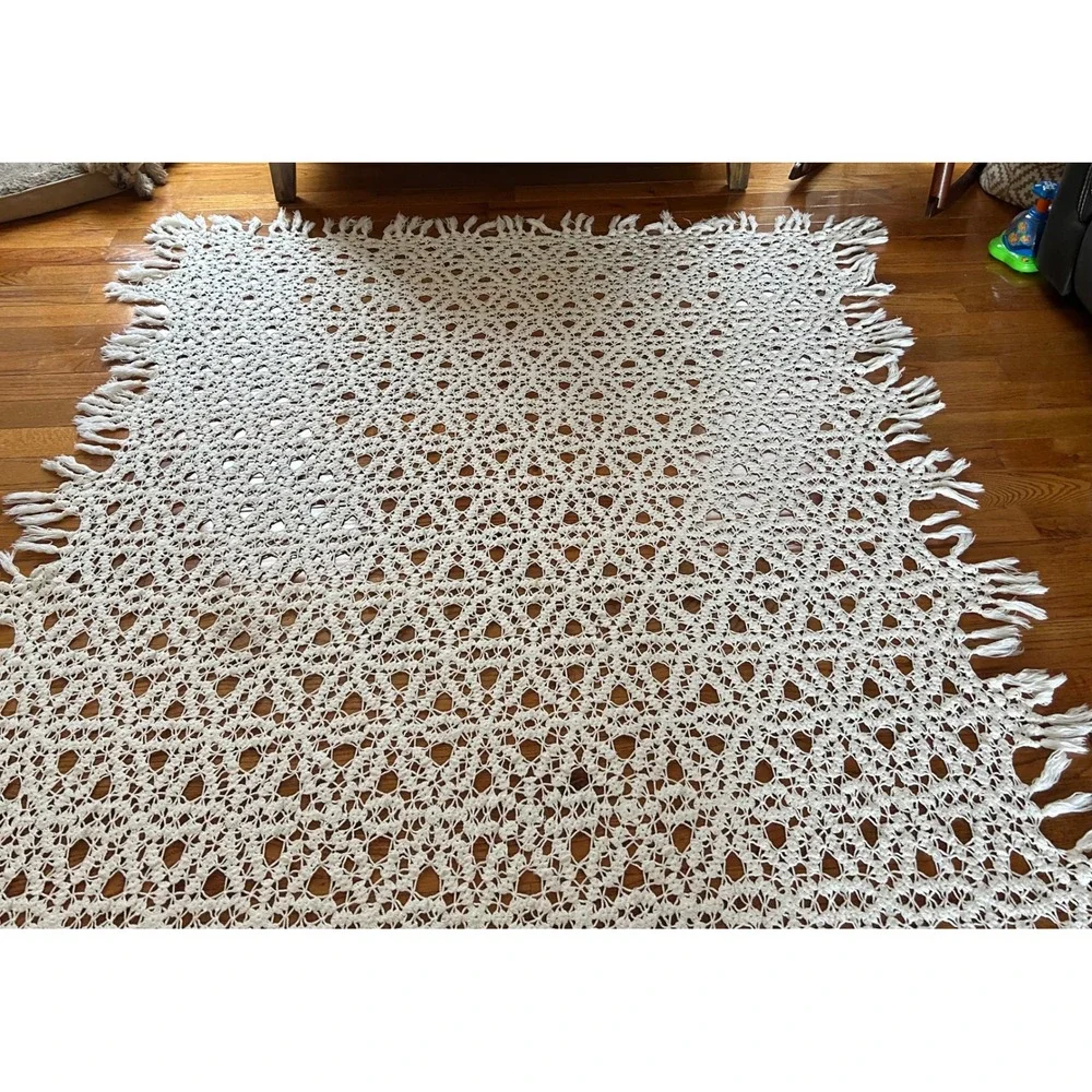 Vintage Handmade Crochet Bed/ Couch Cover Cream Lace Tassel Fringe